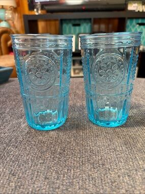 Bormioli Rocco Set of Two Aqua Blue Embossed Glass Drinking Tumblers